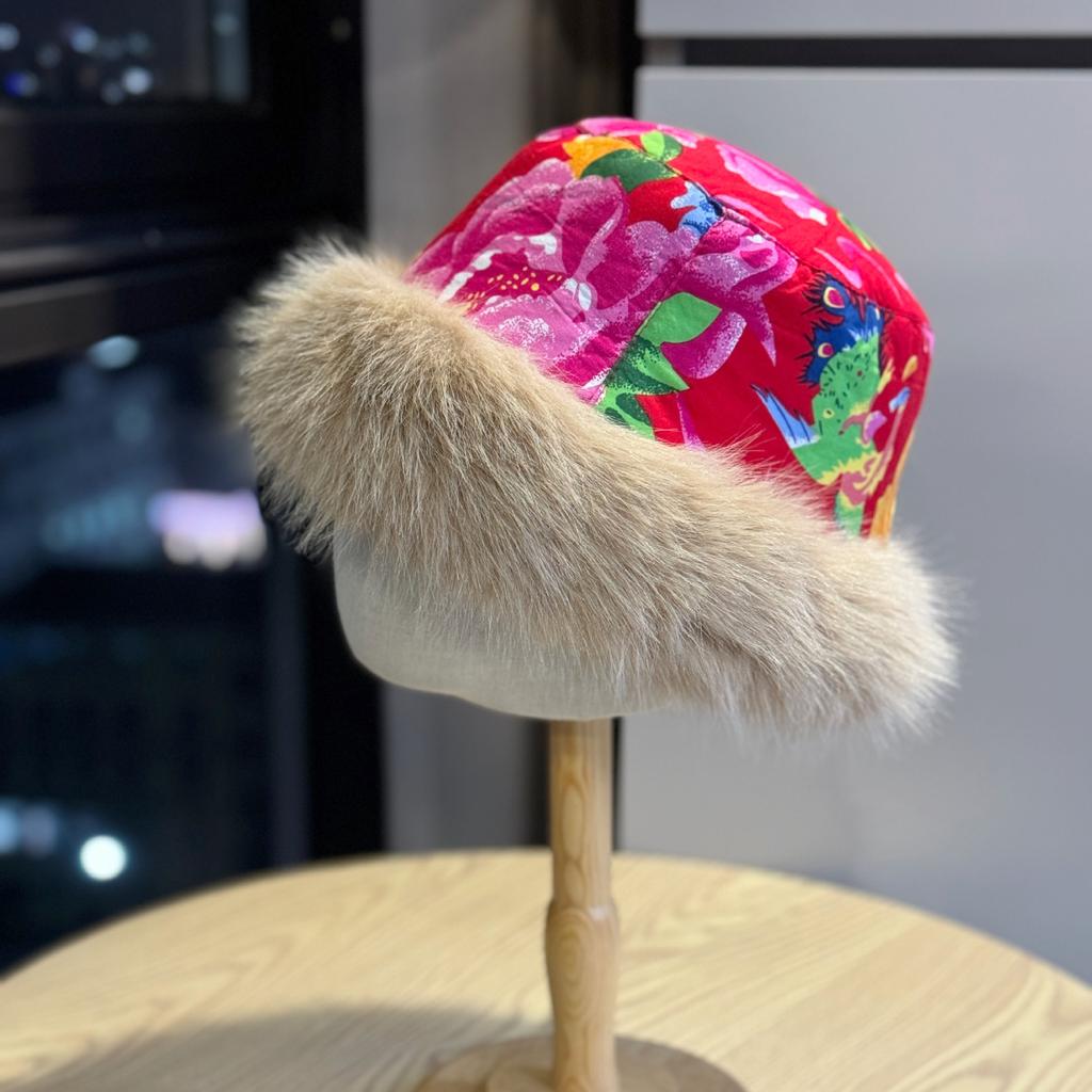 Northeastern Large Flower Cloth Plush Basin Hat for Men and Women In Autumn and Winter Thickened and Velvet Fisherman Hat Warm Ear Protection Hat