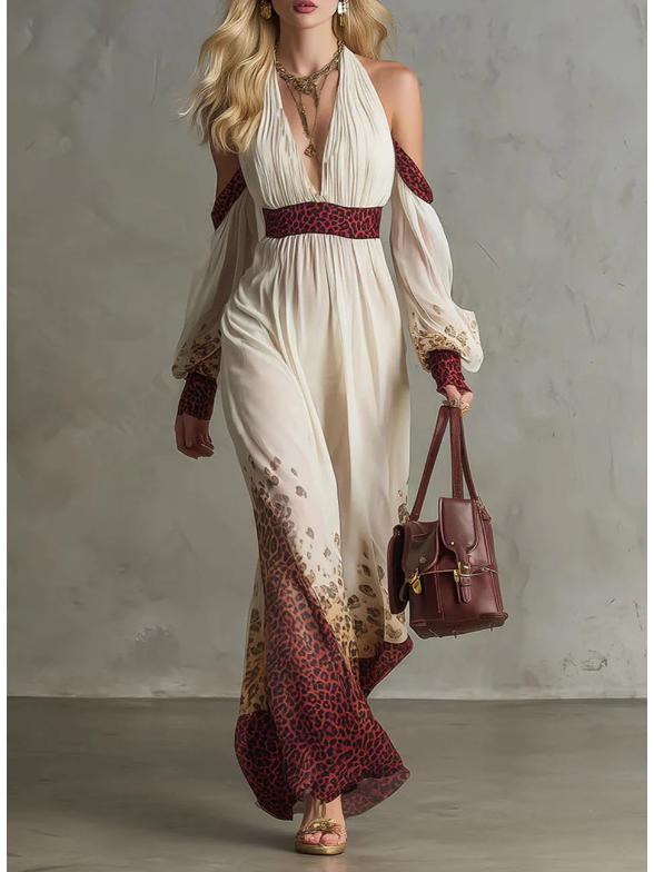 2026 Resort Style Leopard Print Off-the-Shoulder Chiffon Dress - Spring/Summer European & American Fashion Large белый