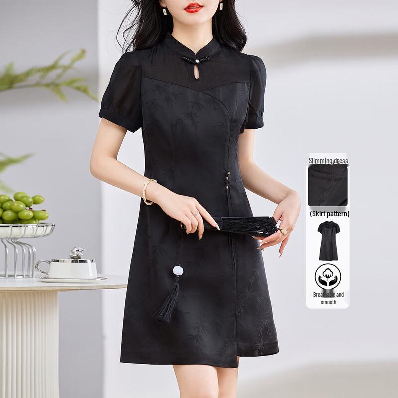 Elegant Black New Chinese Style Summer Cheongsam Dress L