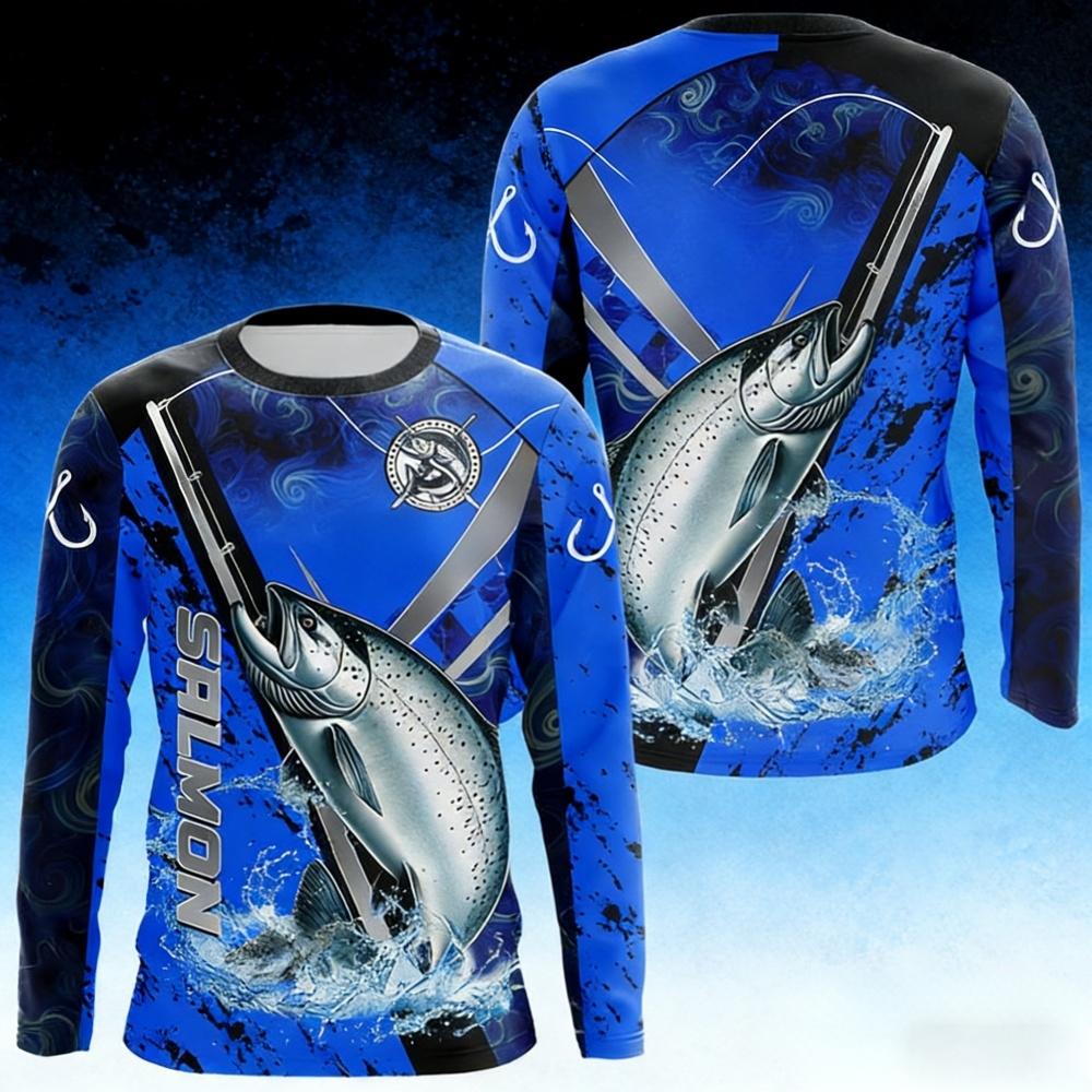 Fishing Print Shirt Marlin Salmon Bass Pattern Crew Neck Long Sleeve Breathable Angler Outdoor Fishing Moisture-Wicking Tops