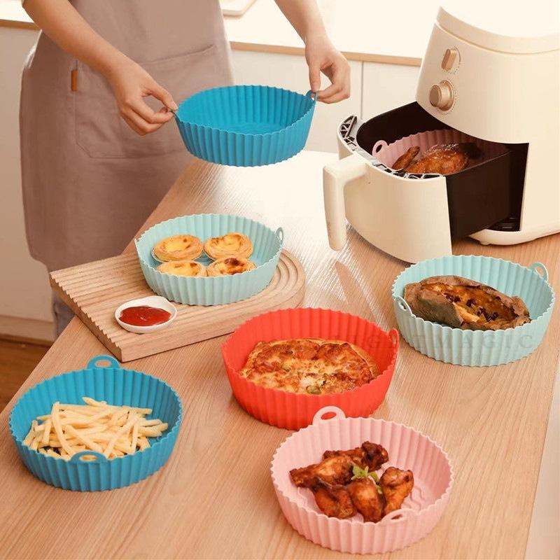 Large Air Fryer Silicone Basket Pot 25/21.5/20cm Round Non-stick Airfryer Tray Mold Reusable Over Baking Mat Liner Accessories