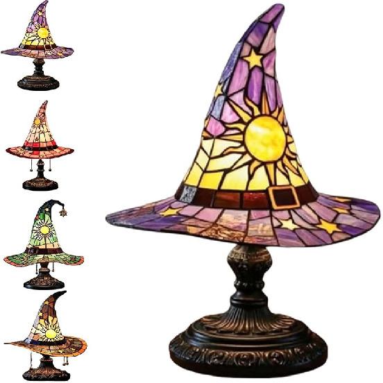 Witch Hat Lamps, Stained Glass Witch Hat Lamp with Mystical Charm, Lamps Stained Glass, Handmade Shape Gothic Lamp for Wiccans and Halloween Lovers,