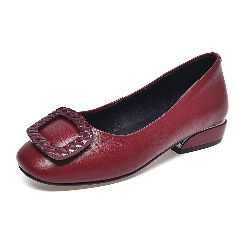 Leather Thick Heel Single Shoes Women's Spring and Autumn New Light Mouth Low Heel Grandma Shoes Red Work Shoes Long Standing Not Tired Women's Shoes