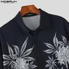 INCERUN Oversized Men Lapel Short Sleeve Floral Striped Casual Loose Shirts