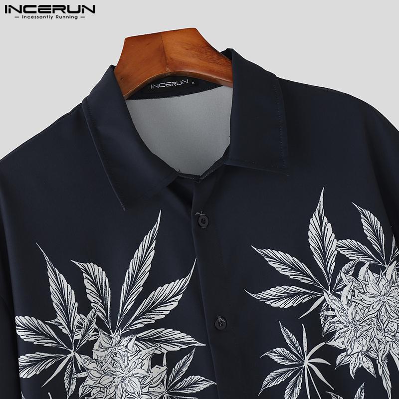 INCERUN Oversized Men Lapel Short Sleeve Floral Striped Casual Loose Shirts