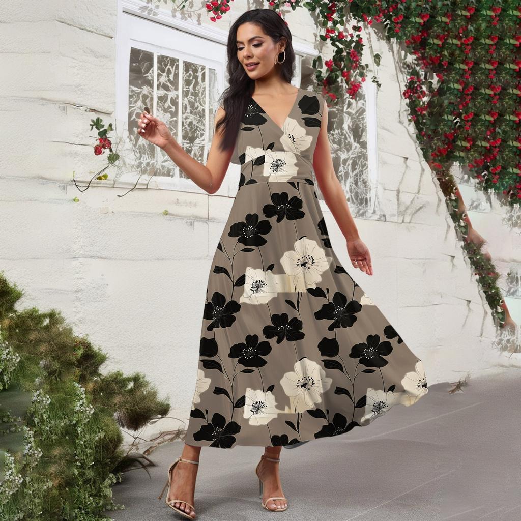 Women's Casual And Fashionable Floral Print V-Neck Sleeveless Dress Sleeveless Dress
