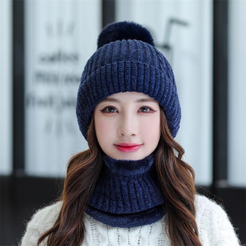 Hat Women's Autumn and Winter Snow, Cute Versatile Scarf Suit Hat Fashionable Velvet Thickened Knitted Hat Tide