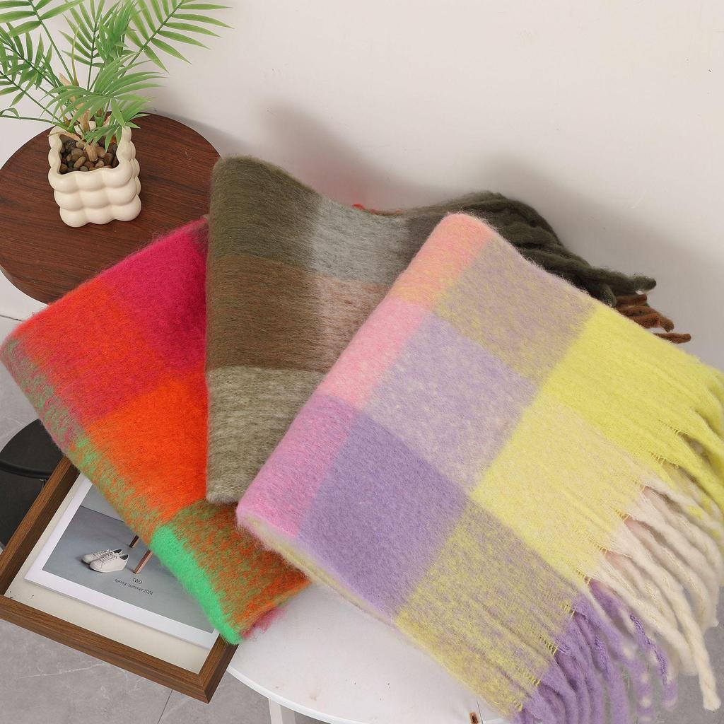 Women's High-Grade Colorful Plaid Mohair Scarf - Thick, Warm, and Versatile for Winter