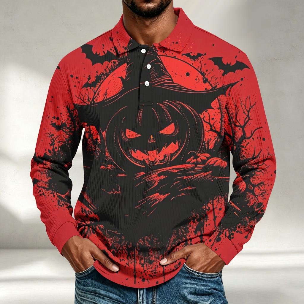 Men's Casual Halloween Printed Long Sleeve Shirt Loose Fit Top