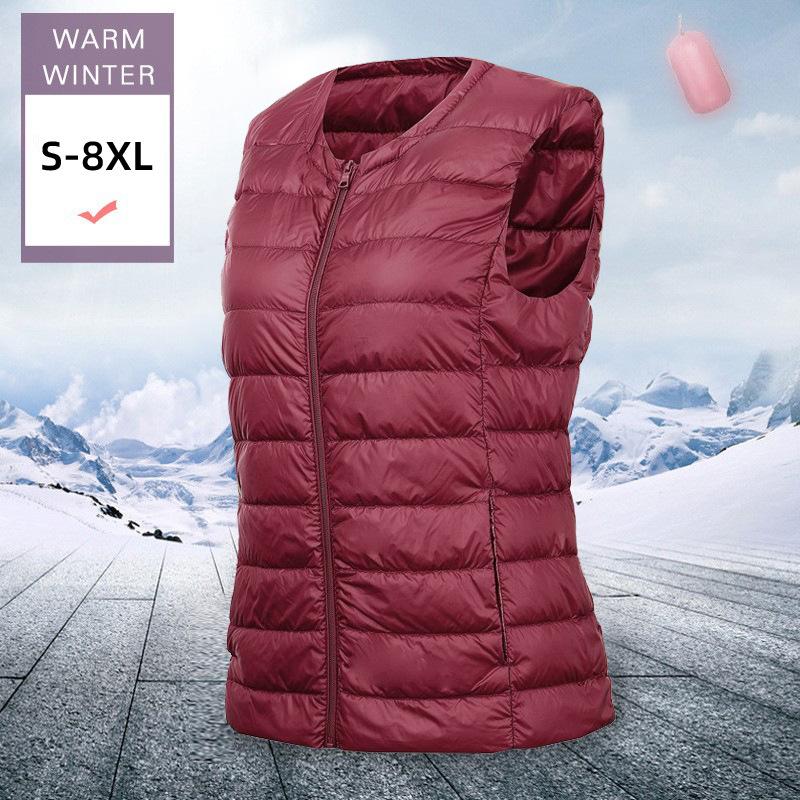 Women's Sleeveless Vest Round Neck Commuter Style Lightweight White Duck Down Puffer Gilet Zipper Sleeveless Waistcoat