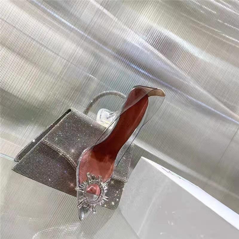 

Солнечная пряжка стразы туфли на высоком каблуке новые остроносые тонкий каблук сексуальные прозрачные одинарные туфли женские 41