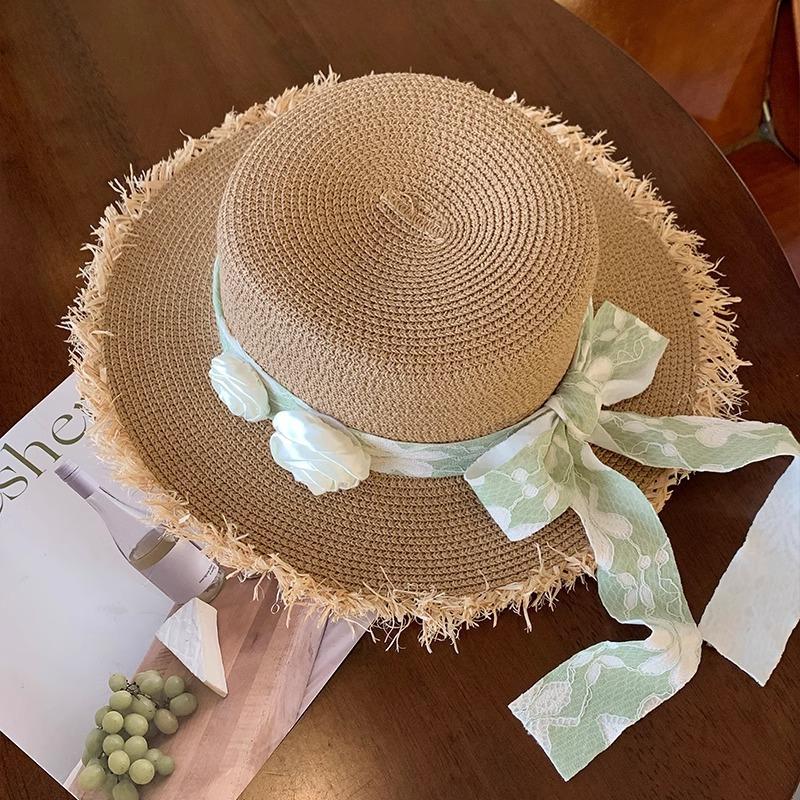 Lace Bow Straw Hat Women's Summer French Large Brim Sunscreen Hat Seaside Beach Vacation Sun Hat