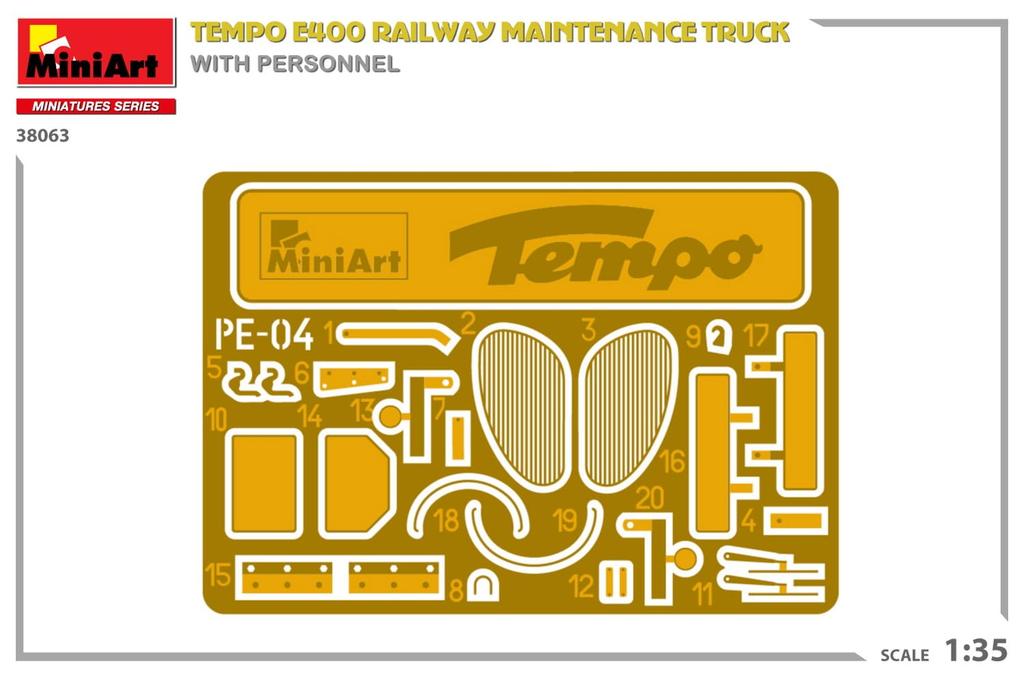 MiniArt Scale Tempo E400 Railway Maintenance Truck with 4 Plastic MA38063 1/35 Figures, Model,