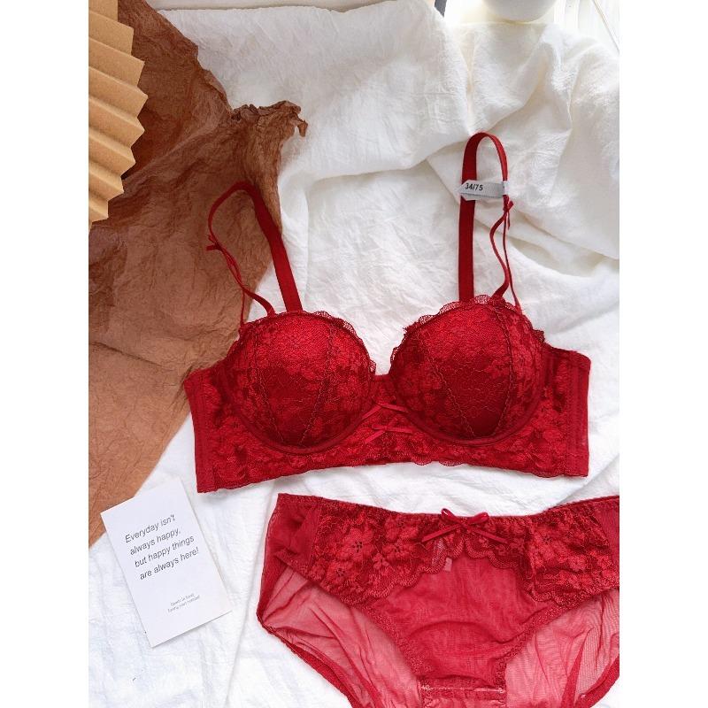 Ensemble Lingerie Dentelle Rose Française Sexy pour Femmes Soutien-gorge Push-Up Sans Armature Ajoute 2 Bonnets Soutien-gorge Push-Up Petit Buste Rassemblement Relevage Double Soutien