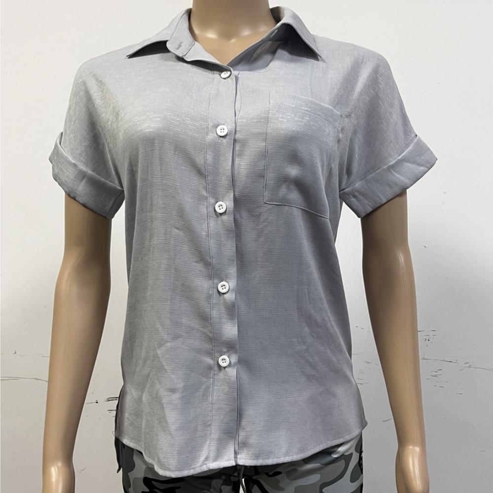 IHUASU Spring/summer Top Cotton/linen Pocket Button Short Sleeve Shirt T-shirt for Women