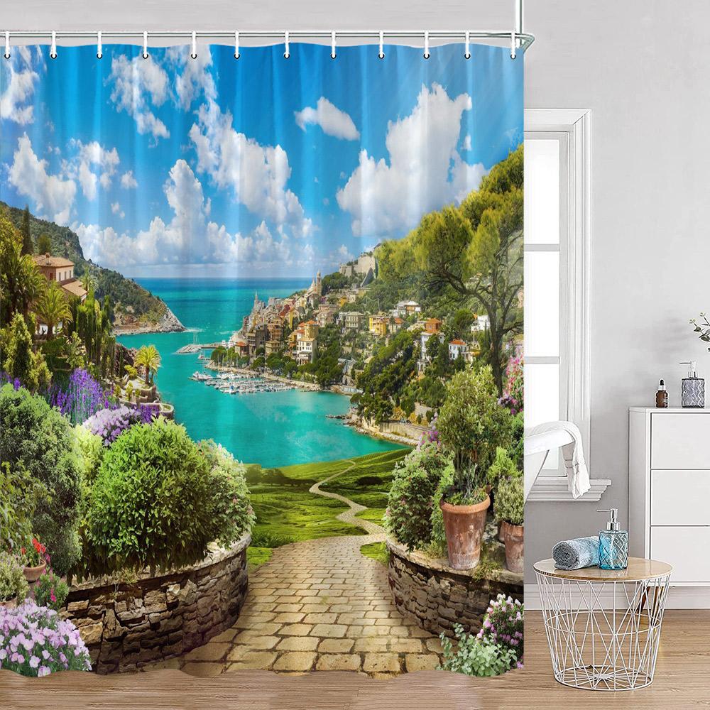 Evropské zahradní sprchové závěsy Pobřežní balkon Mořská krajina Ostrov Barevné květiny Koupelnová dekorace Květinový polyesterový koupelnový závěs