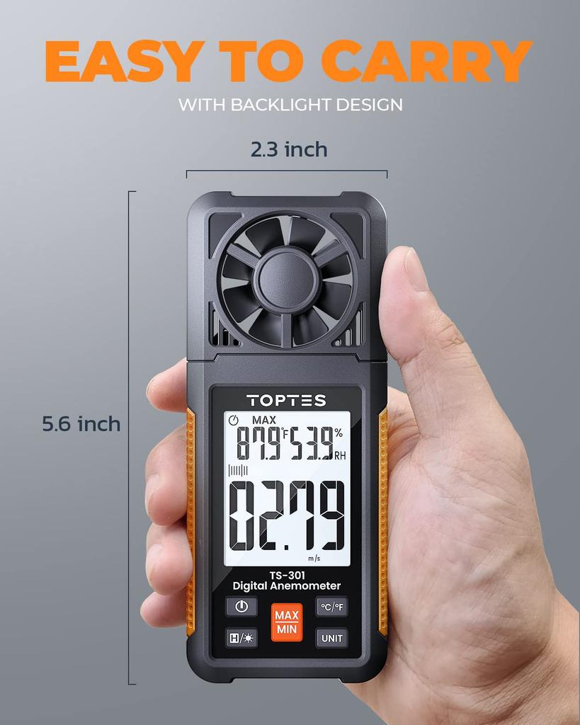 TopTes TS-301 Anemometer: Handy Anemometer with Large LCD Screen, High Precision, Easy Operation, 6 Measurement Units, Suitable for Drone Flights, Out