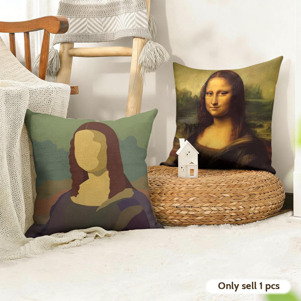 Mona Lisa Cushion Cover Natural Linen Organic Fabric DoubleSided Printing Couch Pillow Covers Home Decor