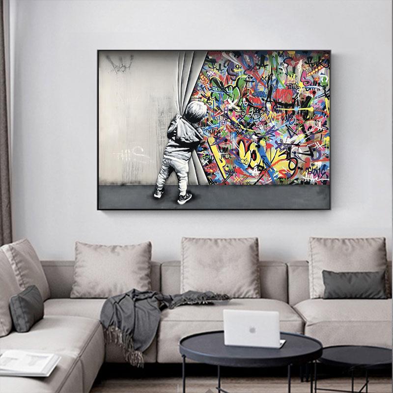 

Детский любовник за занавеской, граффити, художественные картины на стене, художественные постеры и принты, современные уличные художественные картины, домашний декор 20*40cm