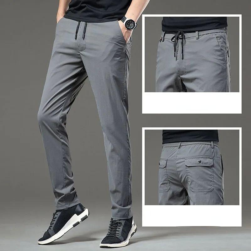 Spring Summer Cotton Men Casual Pants Elastic Waist Business Korean Fashion Straight Classic Solid Color Trousers Black Khaki