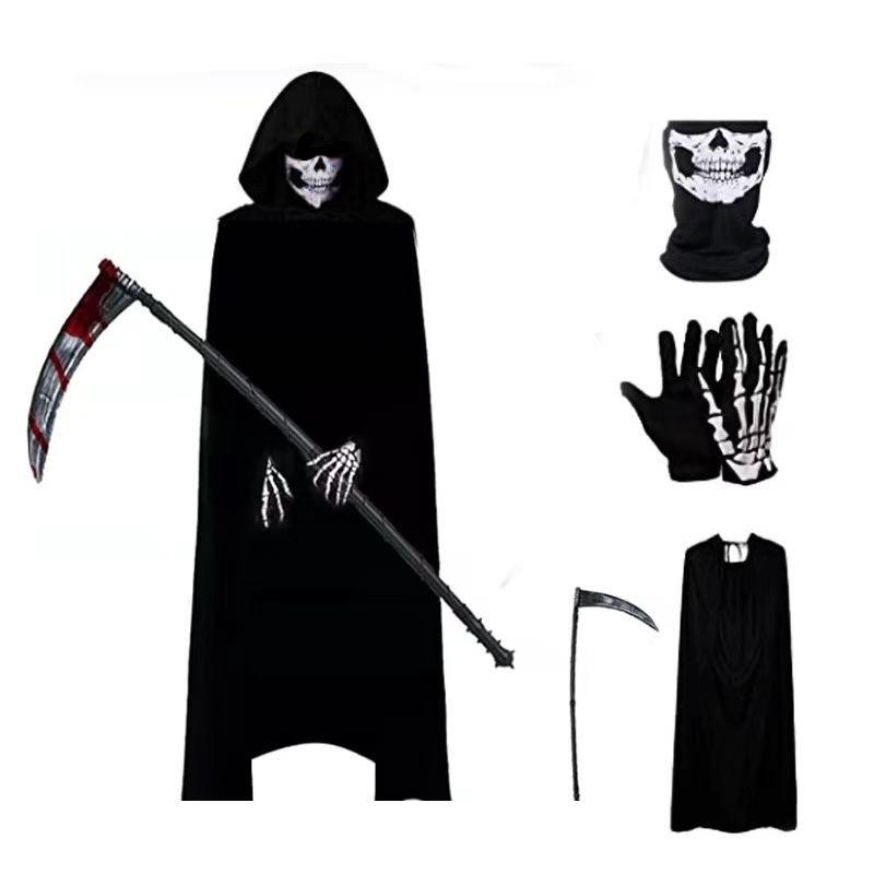 Gruseliges Halloween-Sensenmann-Kostüm für kleine Jungen Vollständiges Set Enthält Handschuhe, Maske und einzigartiges leuchtend rotes Augen-Design Für Party-Verkleidungen Children's version black