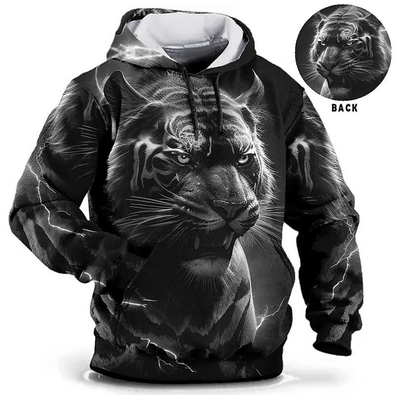Men's hooded sweatshirt with dragon and tiger pattern for daily leisure, retro long sleeved hooded vacation, and sports