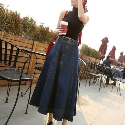 Spring and Summer Women's Retro High-waisted Denim Skirt Thin A-line Big Swing Skirt Simple Denim Half-body Skirt Long Skirt