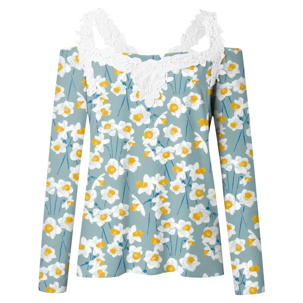 Modischer Spitzen V-Ausschnitt Pullover Langarm Gestreiftes Druck Top Einfarbiges Freizeit T-Shirt