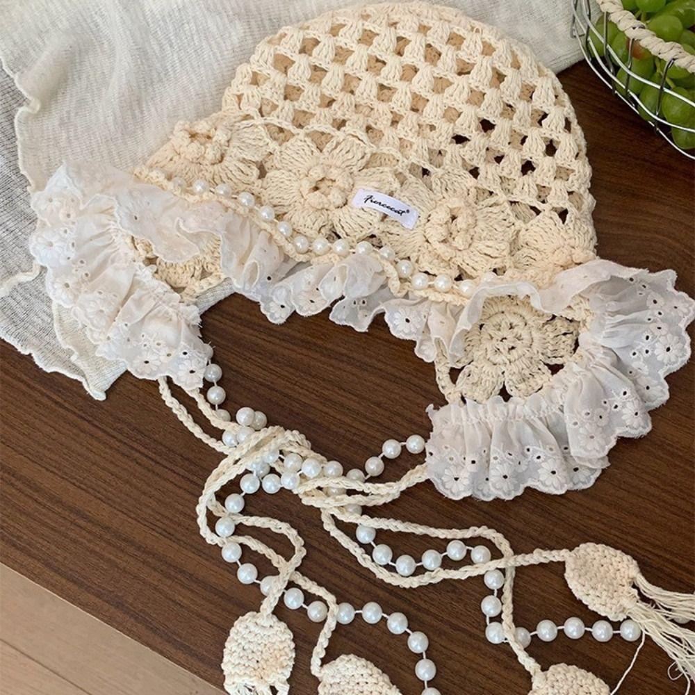 Pearl Tassels Crochet Flower Knitted Hat Bohemian Style Weave Cap Cute Lace Beanies  Outdoor