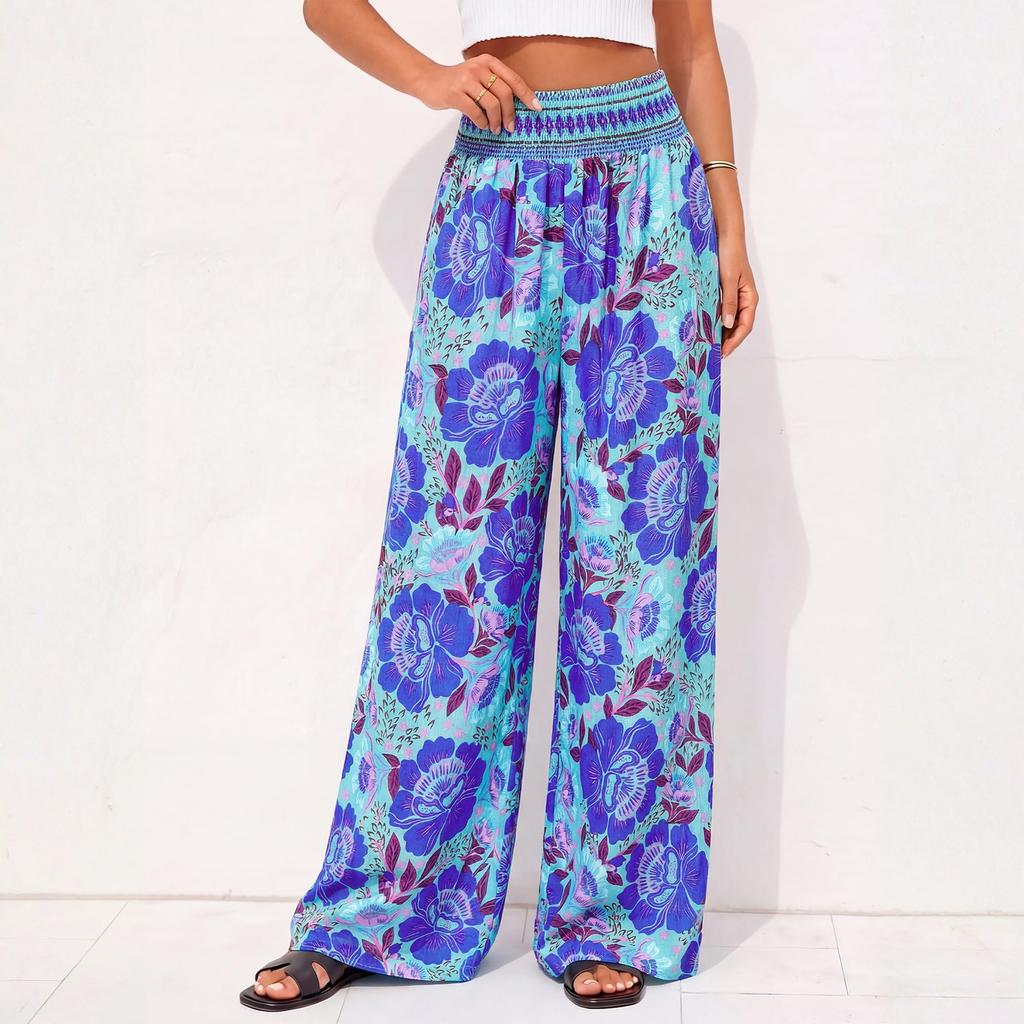 Women Plus Size Wide Leg Palazzo Pants Summer Boho Floral Print High Waist Elastic Waistband Lounge Trousers with Pockets