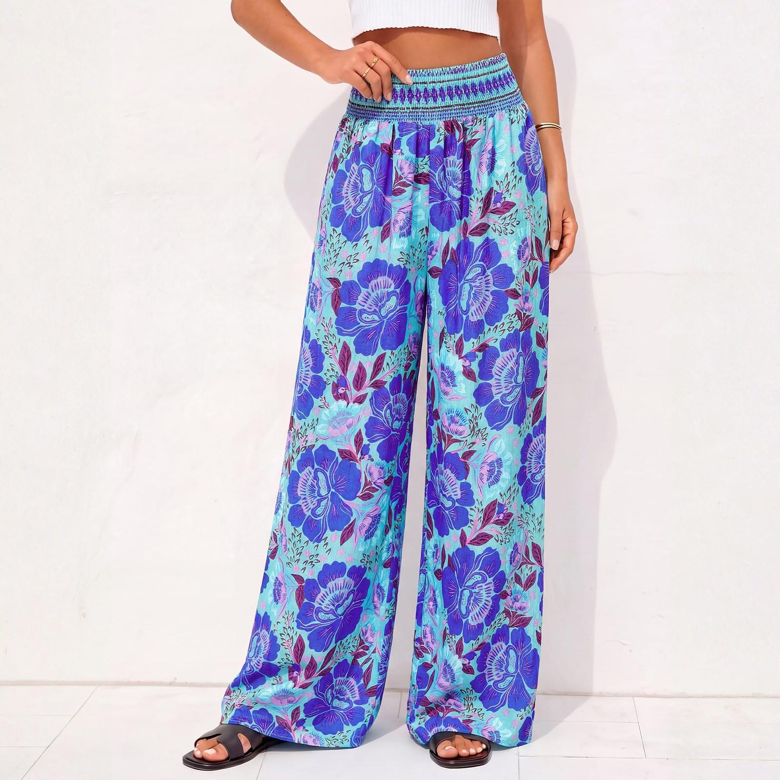 Women s Summer Fashion Pocket Elastic High Waist Wide Leg Floral Printed Casual Pants M