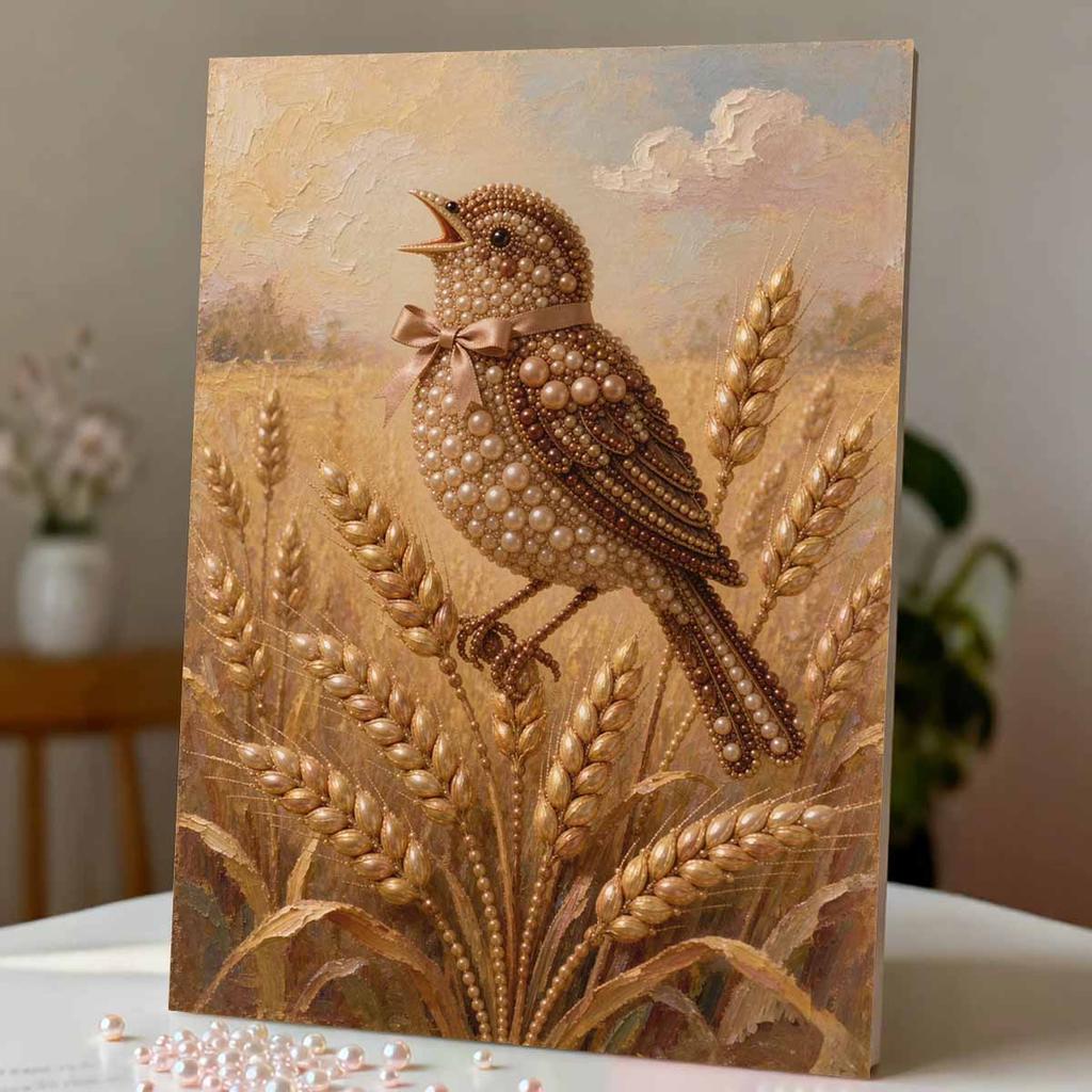 DIY 5D Pearl Bead Painting Kit with Frame Singing Bird Wheat Harvest Shiny Canvas Art for Bedroom Wall Decor and Gift