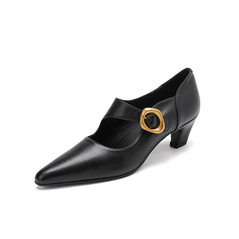 Fashion 2025 New Genuine Leather Women Pumps Shallow Mary Jeans Strap Single Shoes 5cm Square High Heels Black Prom Party Sapatos Mujer