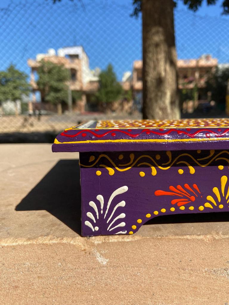 Handmade Colorful Wooden Chowki: Embossed Floral Indian Stool