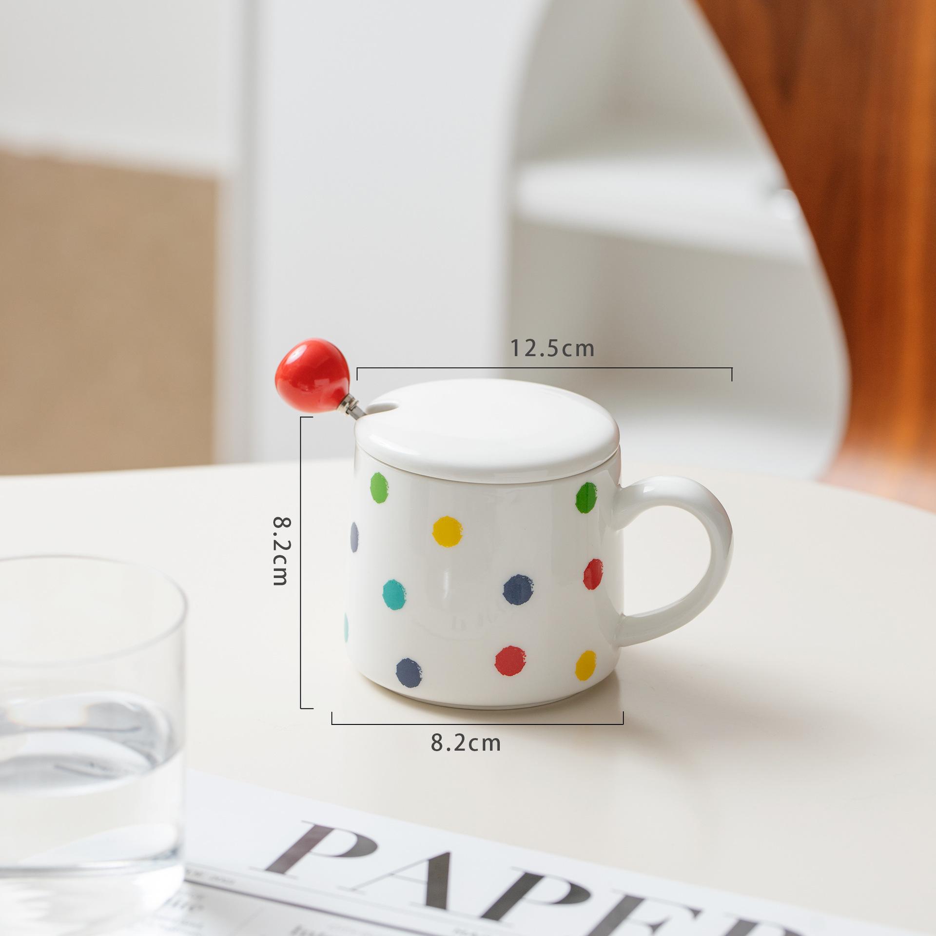 

Colorful Polka Dot Ceramic Cup with Lid Spoon High Value Creative Mug Niche Student Couple Drinking Water Cup Breakfast Cup 330ml
