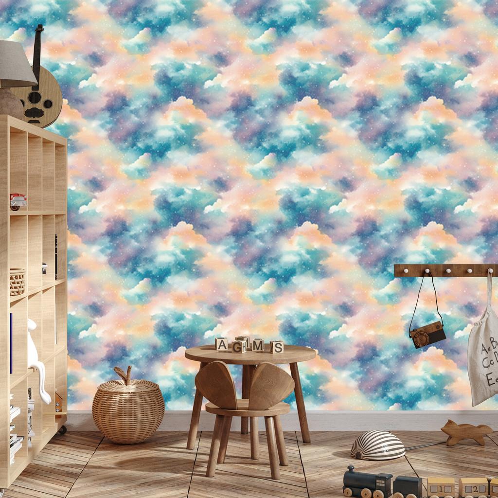 Watercolor Galaxy Wallpaper Turquoise and Cream for Living Room and Bedroom 50x1000
