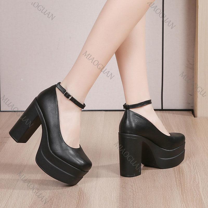 Fashion Sexy Thick-soled Single Shoes Women's 11CM High Heels Ankle Buckle Black Spring Autumn Women's Platform Heels Pumps for Women