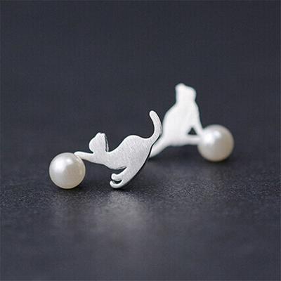 Stud Earring 925 Sterling Silver Pearl Cat Earrings For Women Sterling -Silver -Jewelry Pendientes Mujer Eh134
