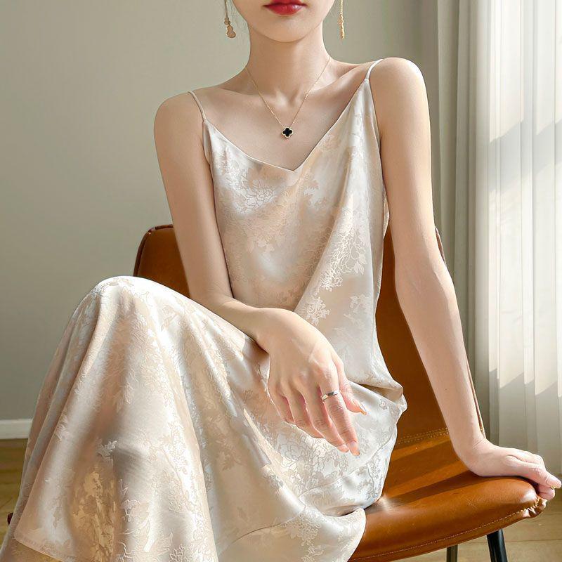 New Chinese National Style Jacquard Spaghetti Strap Over-the-Knee Satin Dress