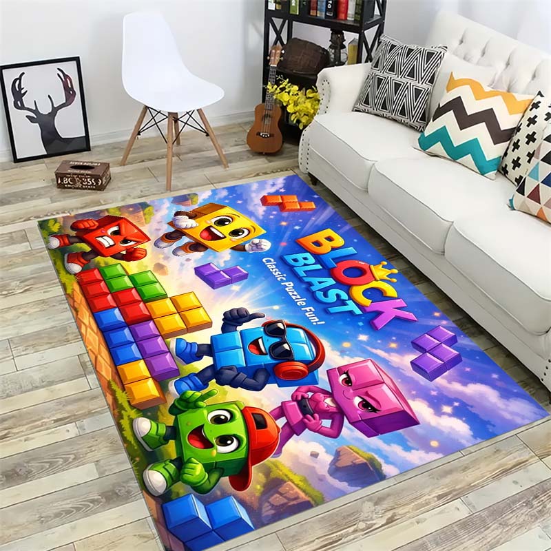 Block Blast Kids Rug Colorful Cartoon Puzzle Game Carpet Non Slip Play Mat For Children Bedroom Living Room
