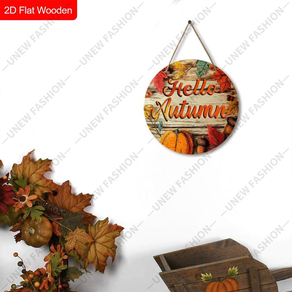 Hello Autumn Pumpkin Acorn Maple Leaf Round Wooden Hanging Sign, 2D Flat Printed Fall Front Door Decor, Vintage Farmhouse Autumn Wall Ornament Gift