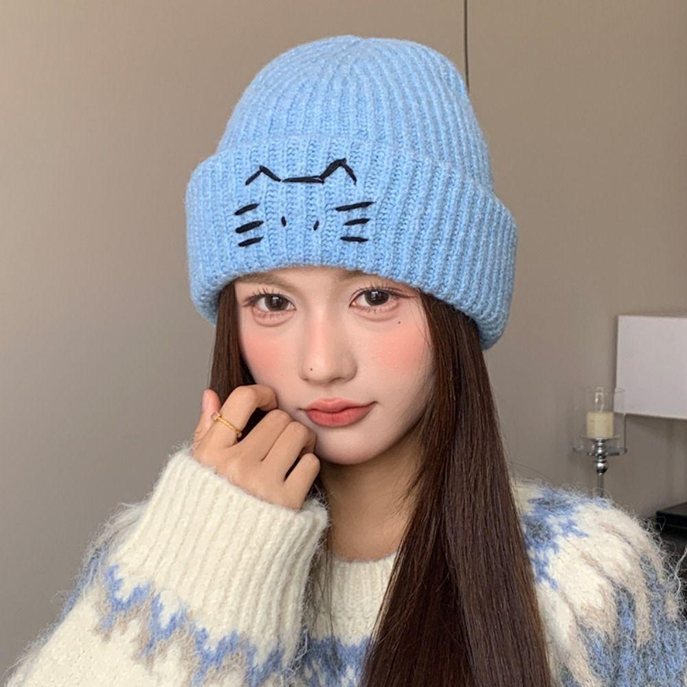 Wool Knit Beanies Embroidered Kitten Printing Knit Cap Sweet Cute Cat Knitted Hat  Outdoor