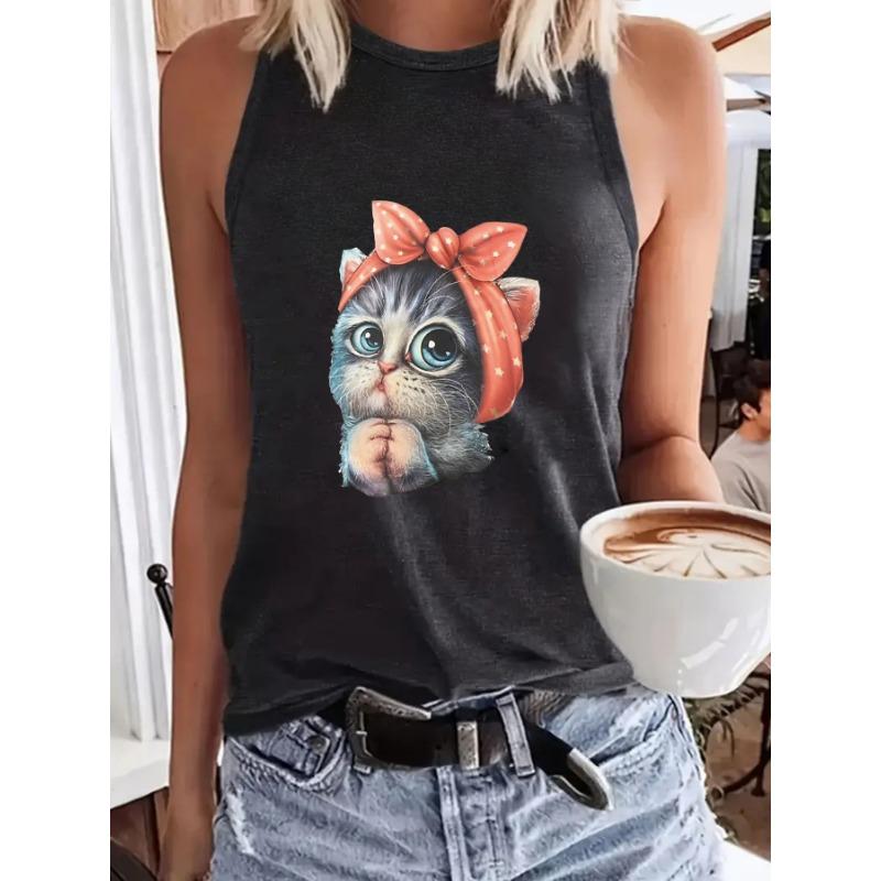 Cat-printed Women's Round-neck Vest for Spring and Summer Casual Sleeveless Top