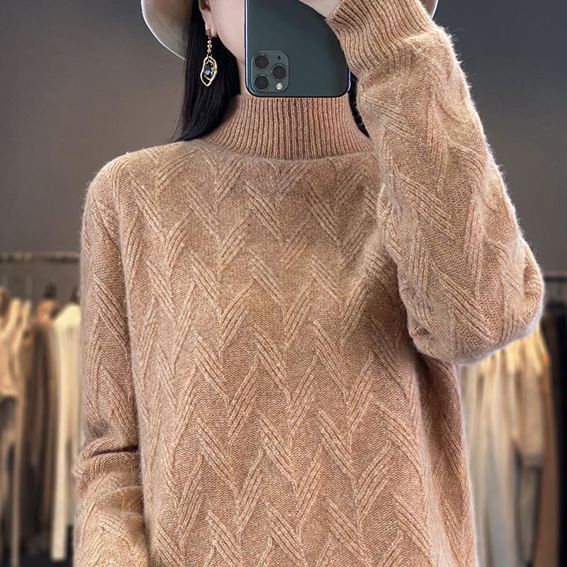 Women's Autumn & Winter Seven-Needle Jacquard Pullover Sweater - Half-High Collar, Thick Knit Base Layer