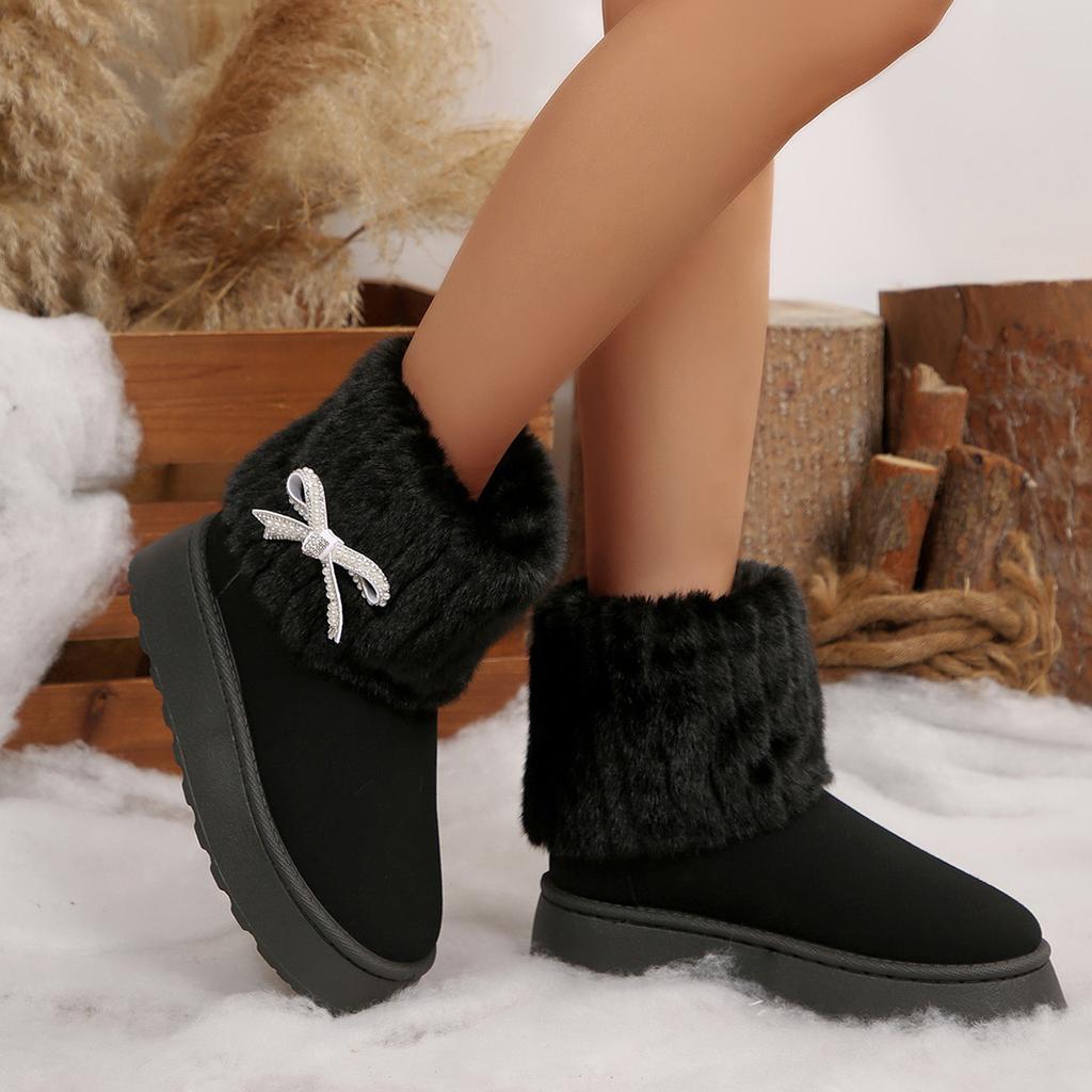 Fashionable Women's Round Toe Warm Thickened Plush Winter Boots Rhinestone Bow Thick Sole Casual Comfortable Women Snow Boots
