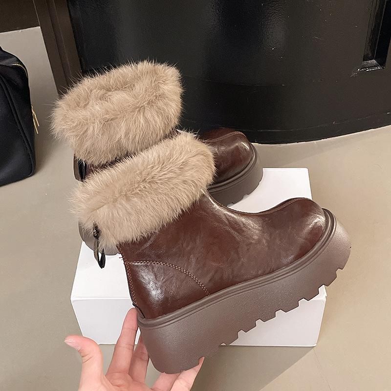 Women's Large Size Fur Mouth Thickened Winter Warm Fur One Snow Boots Padded Lining Ankle Boots Non-slip Hiking Sports Cotton Boots