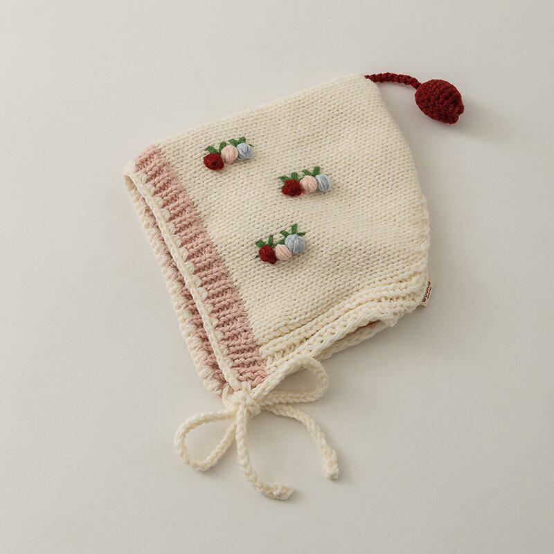 Koreańska Ręcznie Robiona Czapka Beanie z Wiązaniem Wiśniowa: Ciepła dzianinowa czapka wełniana z ochroną uszu dla małych dziewczynek