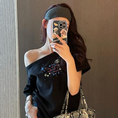 Summer New Navy Blue One-word Collar Off-shoulder Short-sleeved T-shirt Women's Graffiti Letter Design Casual Loose Top