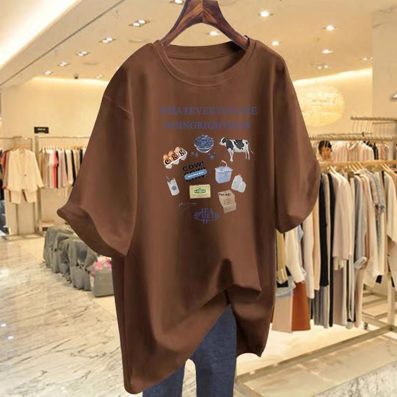 

Gray crew neck t-shirt Korean version Harajuku printed short sleeve summer 2025 new large size loose and thin top women XXXL