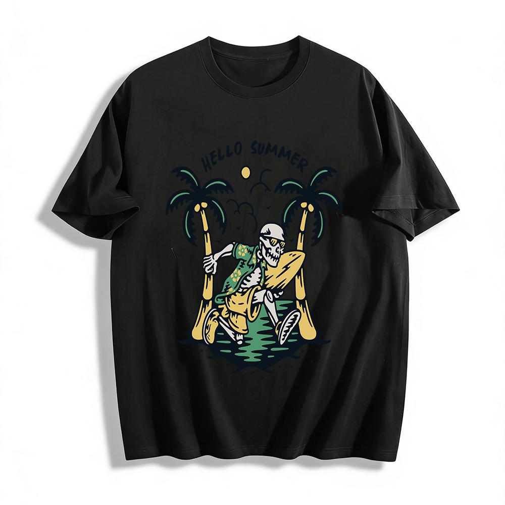 Hello Summer Hawaiian Skeleton Surf Print Casual Vacation T-Shirt Pure cotton T-shirt XXS